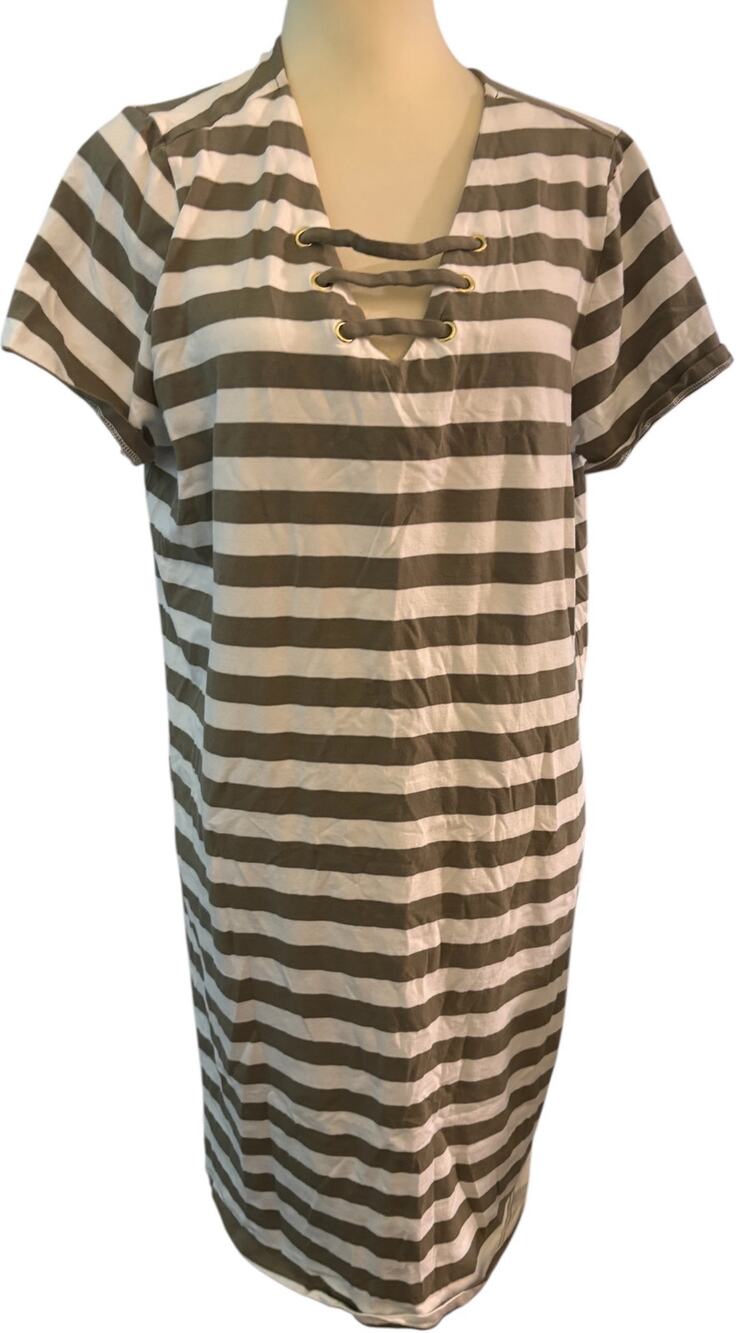 Michael Michael Kors Olive Green Striped Cotton Blend Dress, Plus Size 1X